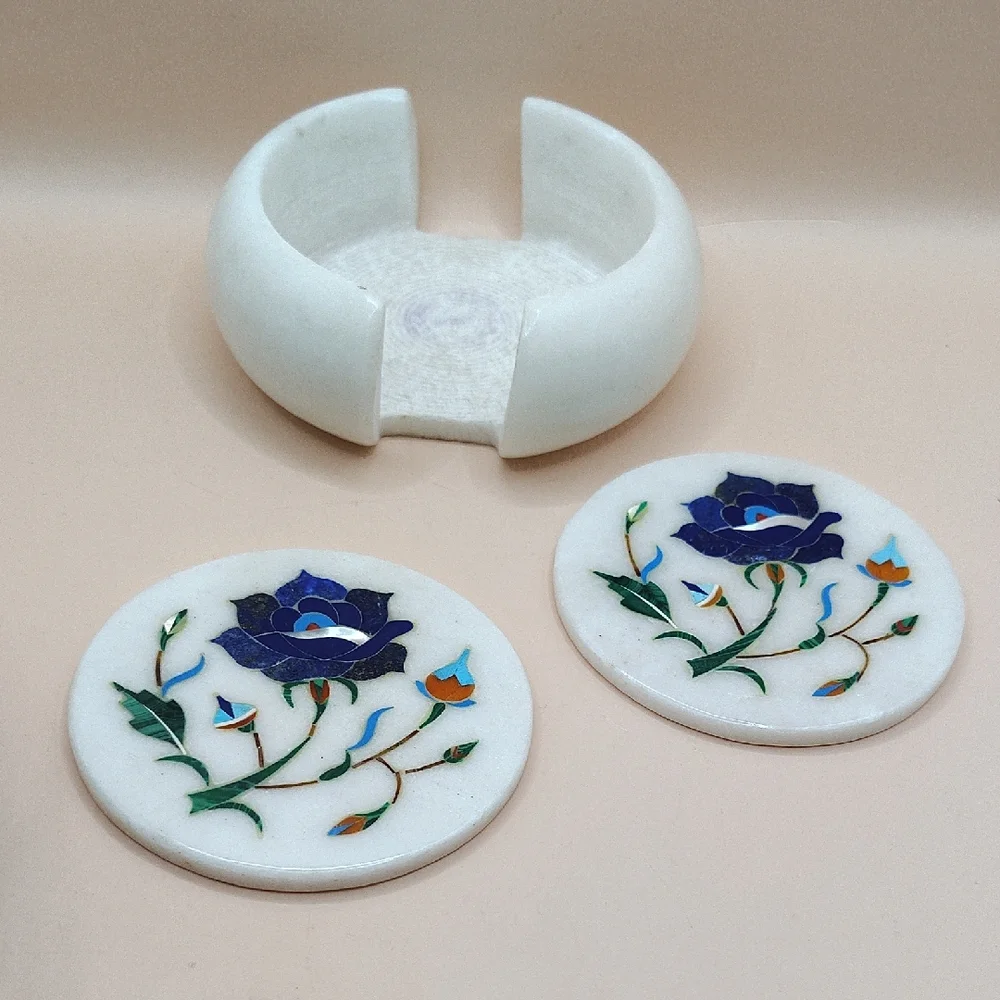 White Marble Coaster Set with Blue Floral Inlay. 3 Pieces.